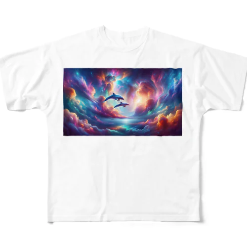 " Dolphins Swimming in the iridescent clouds (1) " 　( 彩雲の中を泳ぐイルカ (1) ) フルグラフィックTシャツ