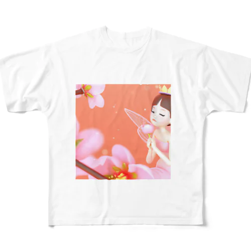 桃のお花と フルグラフィックTシャツ