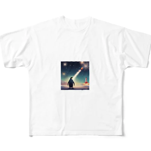 ロケット花火を見上げているペンギン フルグラフィックTシャツ