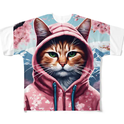 桜舞うなかオシャン猫 フルグラフィックTシャツ