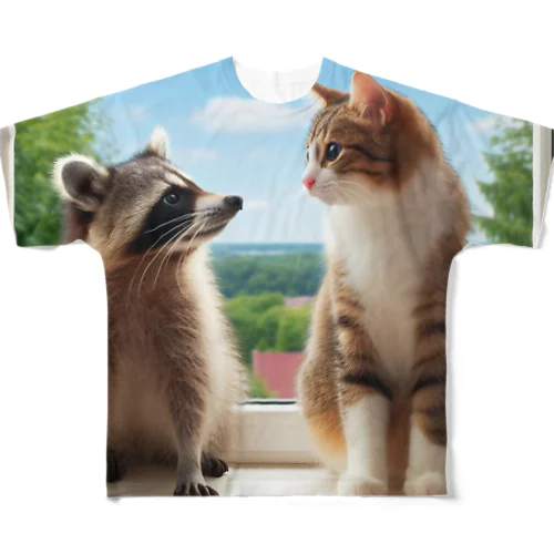 アライグマと仲良しになったネコ フルグラフィックTシャツ