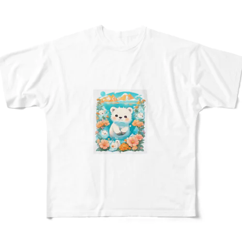 白くてふわふわのシロクマちゃんと花々 All-Over Print T-Shirt