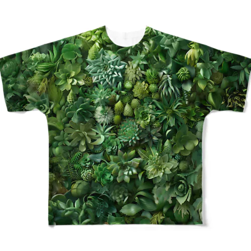 多肉植物の総柄 フルグラフィックTシャツ