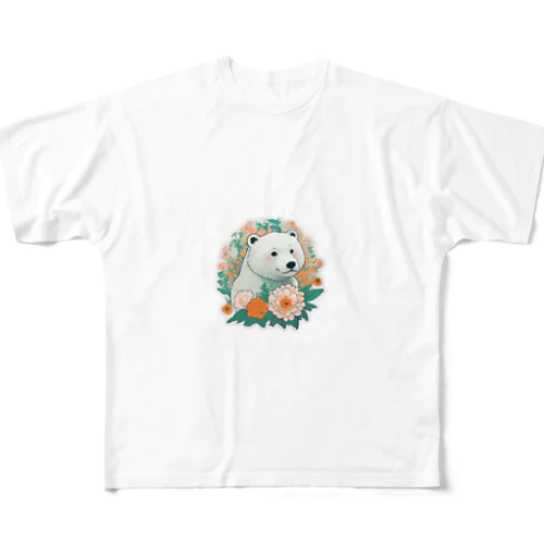 花に囲まれている白くま フルグラフィックTシャツ