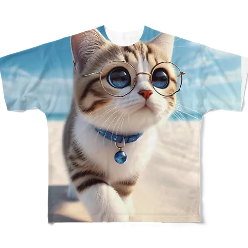 南国の海辺を歩く勇ましさに胸キュン猫 フルグラフィックTシャツ