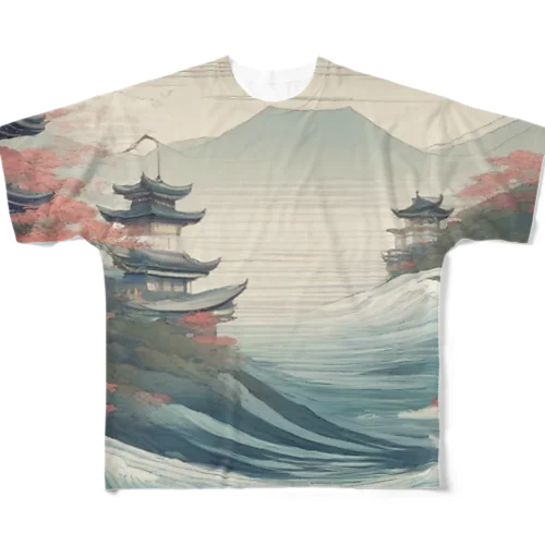 日本建築と海 フルグラフィックTシャツ