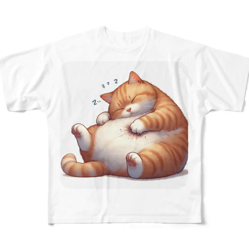 イビキをかいて眠るポッチャリ猫 All-Over Print T-Shirt