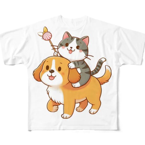 仲良しワンニャン フルグラフィックTシャツ