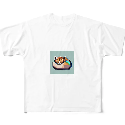 スリッパの中で寝ている猫 フルグラフィックTシャツ