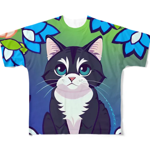 flowers and black cat All-Over Print T-Shirt