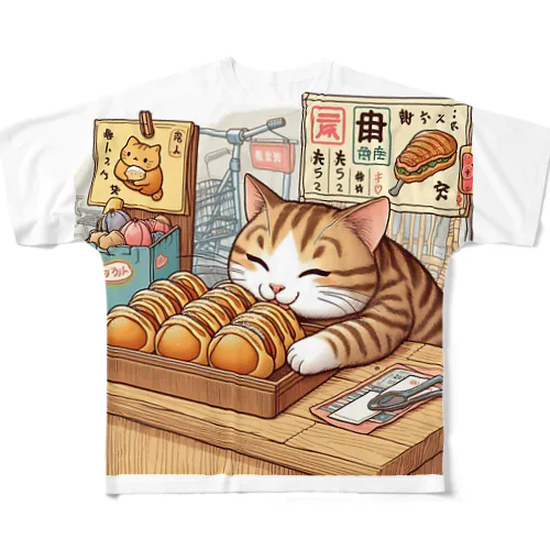 幸せ猫店主 フルグラフィックTシャツ