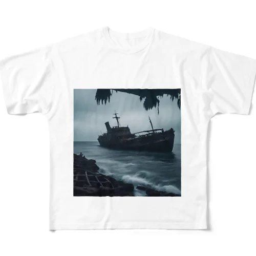 暗黒の海に浮かぶ腐敗した船の墓場 フルグラフィックTシャツ