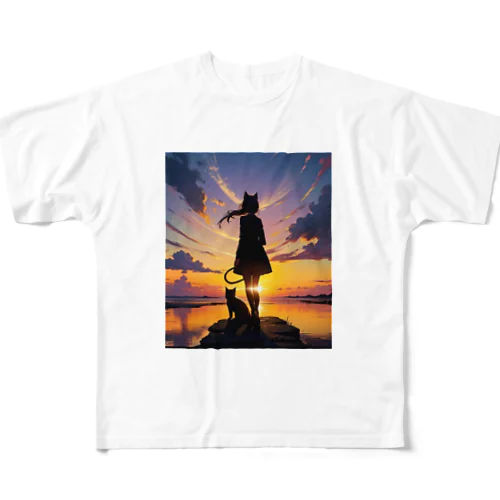 夕日と猫と女の子 フルグラフィックTシャツ