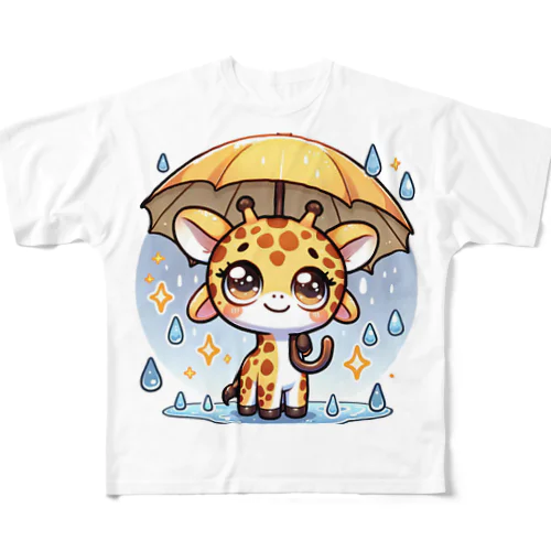 小雨の中で傘を持つ楽しそうなキリン。 フルグラフィックTシャツ