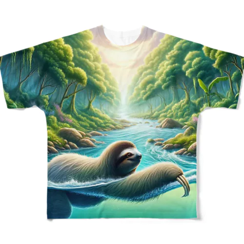 時間の流れを象徴する川の中でゆったりと泳ぐ、ナマケモノの姿🌿 フルグラフィックTシャツ