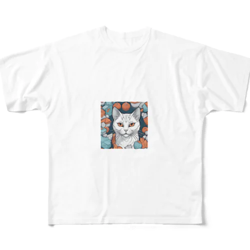 見つめる猫 フルグラフィックTシャツ