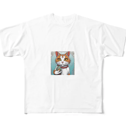 瓶持ち猫 All-Over Print T-Shirt