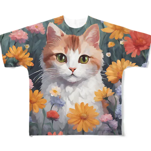 ロココFLOWERキャットコスモス フルグラフィックTシャツ