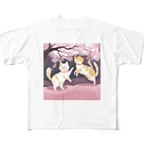 桜で遊ぶ犬と猫 All-Over Print T-Shirt