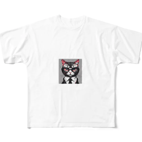 メガネをする猫 フルグラフィックTシャツ