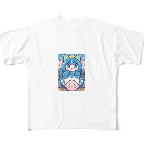 青い髪の姫とピンクのかわいい生物♪ All-Over Print T-Shirt