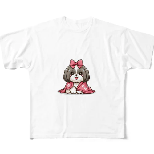 毛布にくるまるシーズー フルグラフィックTシャツ