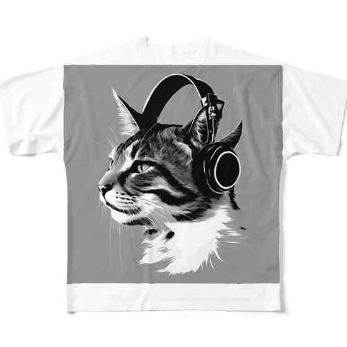 ヘッドホンをした猫 フルグラフィックTシャツ