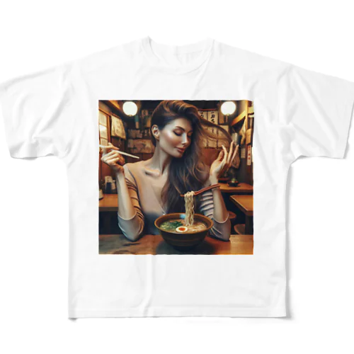 髪を気にしながらラーメンを食べる女性 All-Over Print T-Shirt