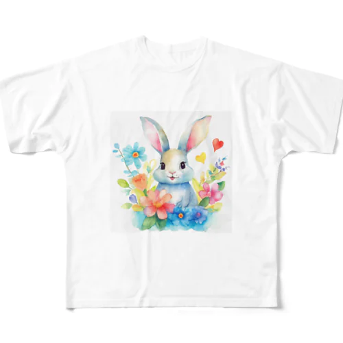 花に囲まれたうさぎ2 All-Over Print T-Shirt