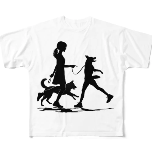 犬を散歩する女の子のシルエット All-Over Print T-Shirt