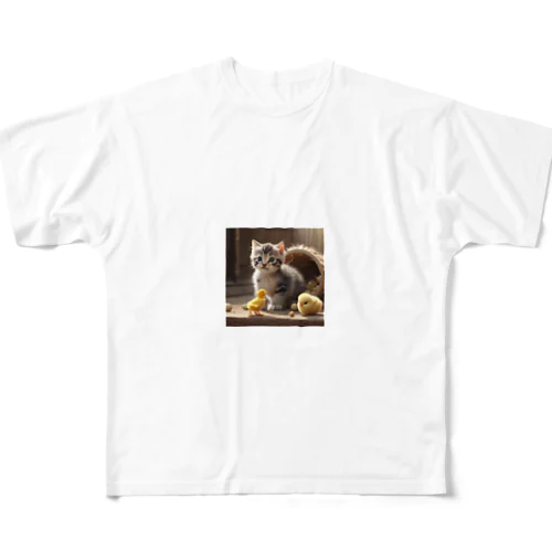 可愛いヒヨコと猫ママ All-Over Print T-Shirt