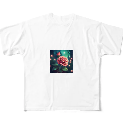 華やかなピンクの薔薛 フルグラフィックTシャツ