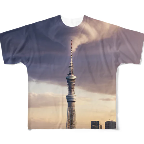東京スカイツリーと竜巻 フルグラフィックTシャツ