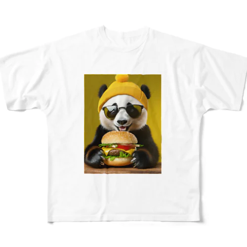 ハンバーガーを食べるパンダ フルグラフィックTシャツ