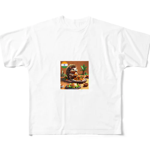 インドでチキンティッカマサラを食べているハリネズミ フルグラフィックTシャツ