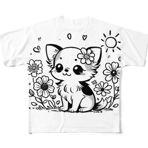 **お花の子犬のチワワ**モノクロ All-Over Print T-Shirt