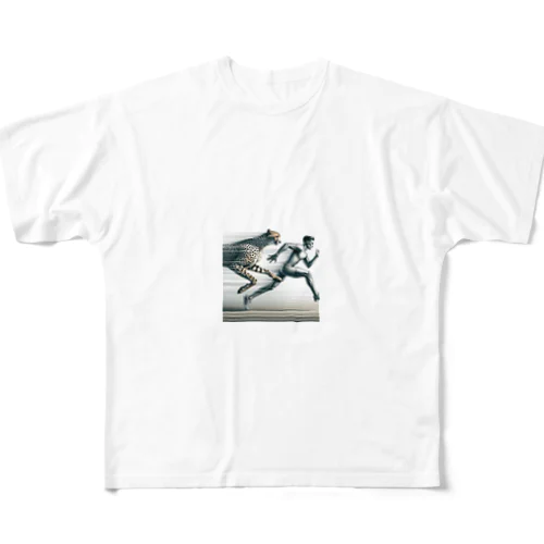 Speed Symbiosis: Man and Cheetah in Stride All-Over Print T-Shirt