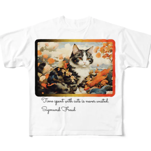 和風アートと三毛猫 All-Over Print T-Shirt