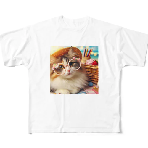 めがね猫 フルグラフィックTシャツ