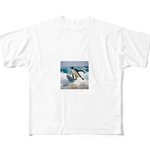 サーフィンするペンギン フルグラフィックTシャツ