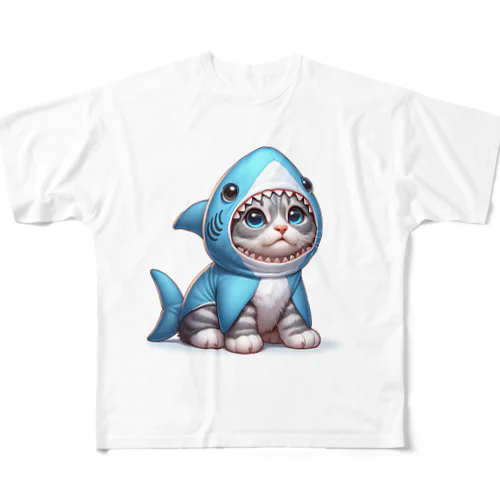 サメのフードを被った子猫 All-Over Print T-Shirt