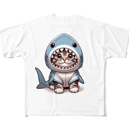 サメのフードを被った愛くるしい子猫 フルグラフィックTシャツ