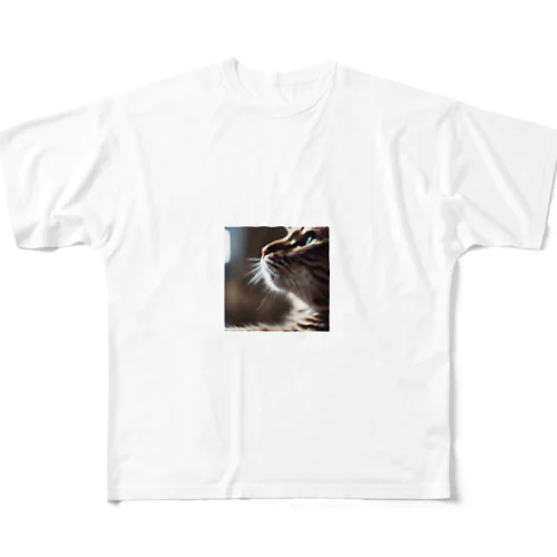 窓辺で風を感じている猫 フルグラフィックTシャツ