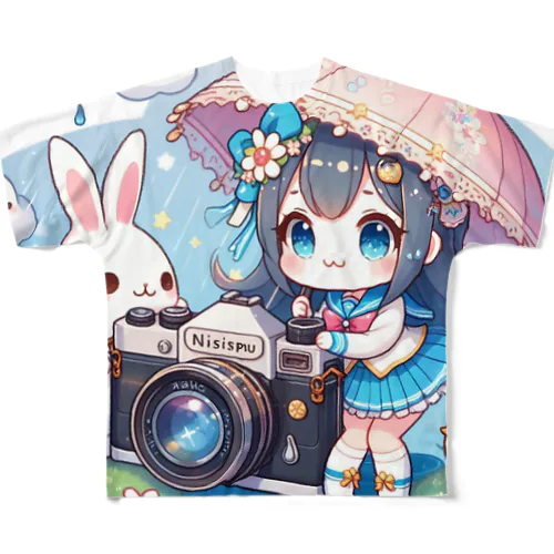 カメラと傘とうさ耳少女とシリーズ　撮影 フルグラフィックTシャツ