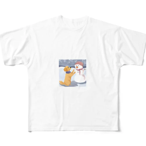 雪だるまと犬 フルグラフィックTシャツ