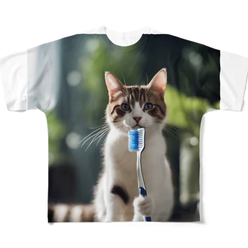 歯ブラシ猫 フルグラフィックTシャツ