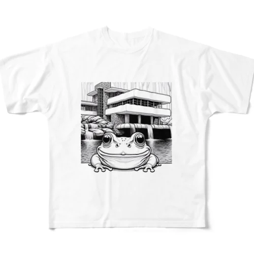 落水荘風の建築物に佇むカエル All-Over Print T-Shirt