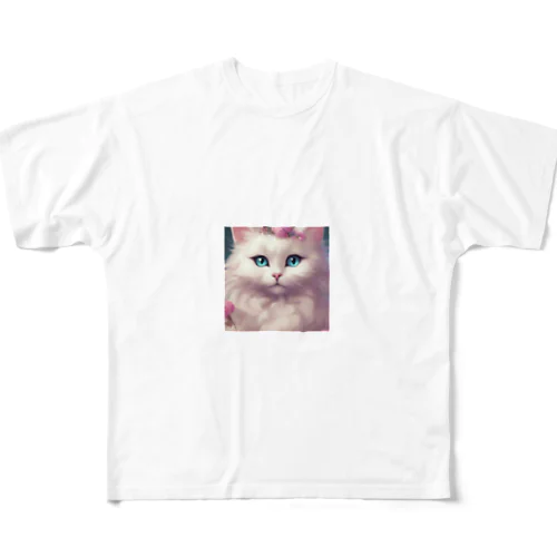 ホワイトロングヘアーの猫 フルグラフィックTシャツ