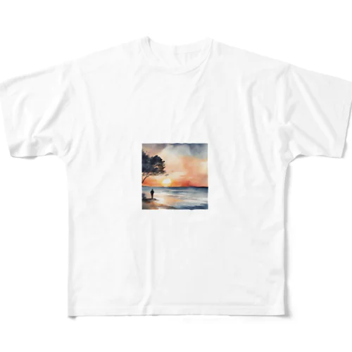 夕日に染まる海を背 フルグラフィックTシャツ