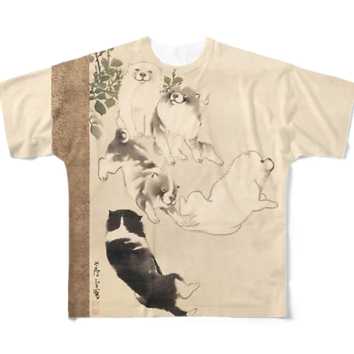犬『薔薇蝶狗子図』/ Roses, Butterfly and Puppies All-Over Print T-Shirt